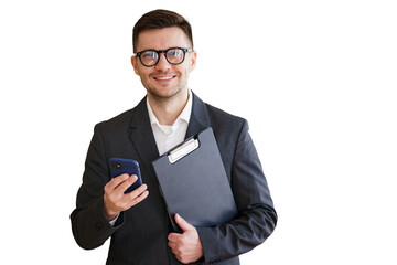 The smart manager smiles uses the phone and the folder report. Isolated background.