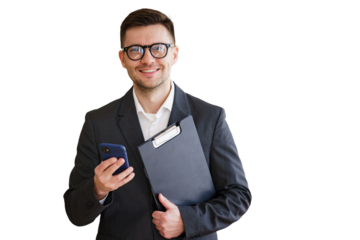 The smart manager smiles uses the phone and the folder report. Isolated background.