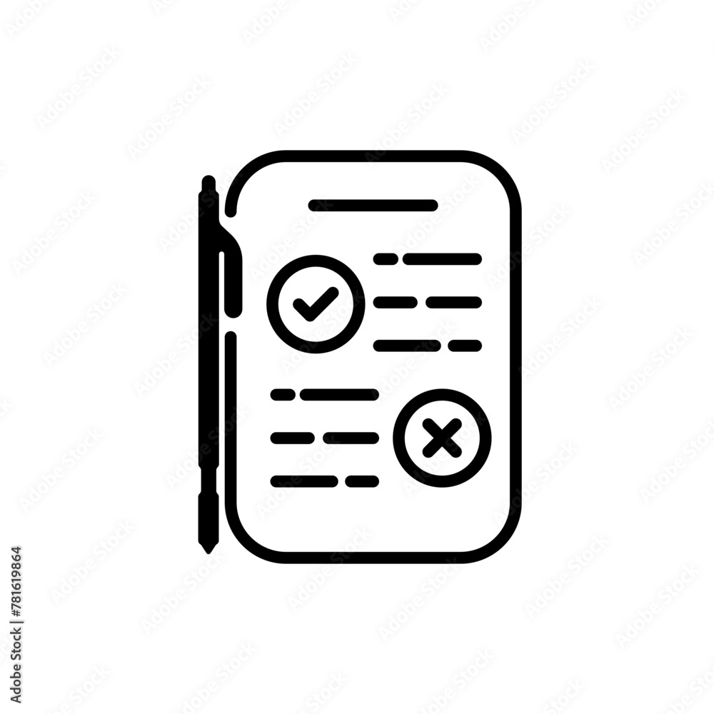Poster document with a check mark vector. checklist linear icon. a sheet with a pen for filling. a tick and