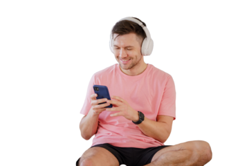 A man listens to a podcast and music playlist with headphones in the app. Isolated background.