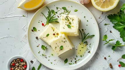 Four cheese pieces on plate with herbs and lemons