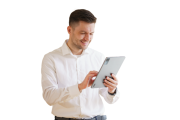 The man is a positive financier manager using an employee's tablet in the office. Isolated background.
