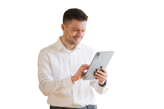 The man is a positive financier manager using an employee's tablet in the office. Isolated background.