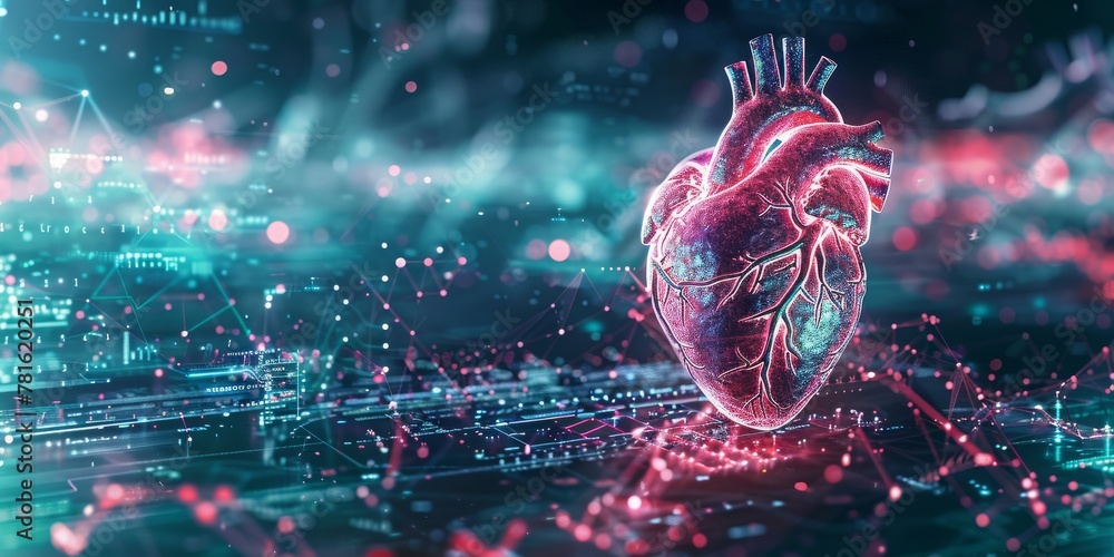 Poster A Digitalized Heart in a Network of Cyber Connections, Symbolizing the Intersection of Technology and Cardiology, Generative AI