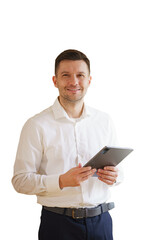 A male manager uses an employee's tablet in the office. Isolated background.