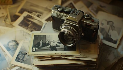 Analog camera with vintage photos - obrazy, fototapety, plakaty