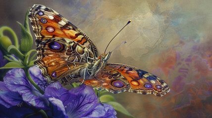 Detail of a butterfly delicately perched on a purple flower, its wings adorned with exquisite...
