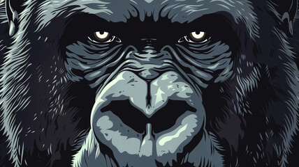 Majestic vector face of a powerful gorilla with a commanding presence and a focused gaze.