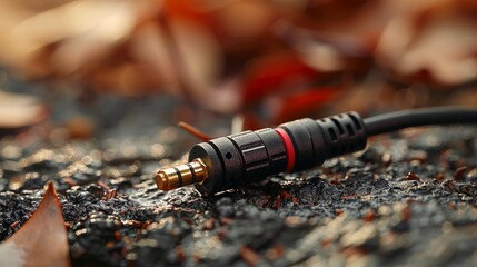 Close-up of 6.5mm stereo audio jack with black cable - obrazy, fototapety, plakaty