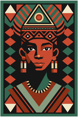 Stylized vector female portrait of african woman, female with cultural patterns symbolizing diversity and heritage. Ethnic poster with pride african woman's face for black history month or juneteenth