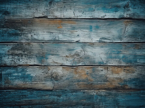 Vintage wooden background with worn blue paint, space for text