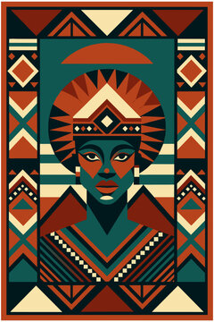 Illustrative portrait of an african woman adorned with cultural motifs and patterns, symbolizing diversity and heritage
