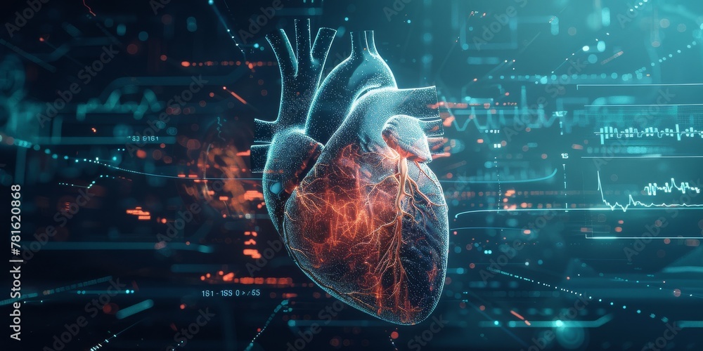 Poster A Digitalized Heart in a Network of Cyber Connections, Symbolizing the Intersection of Technology and Cardiology, Generative AI