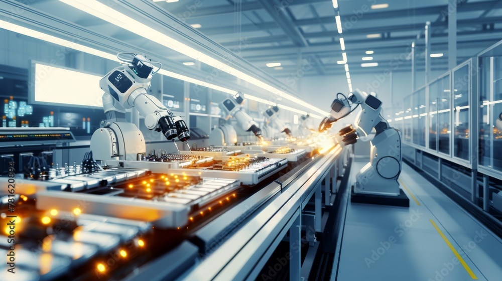 Aufkleber advanced robotic arms on a nano-scale chip production line with futuristic illumination