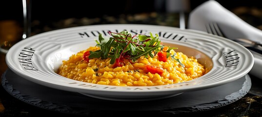 Glimpses of Gastronomy: Delightful Saffron-Infused Risotto Served in a Bowl, Radiating Creamy Goodness, Culinary Mastery on Display, Tempting the Palate with Richness and Elegance