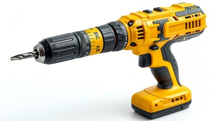Construction tool isolate. Yellow drill on a white background. Screwdriver isolate. Yellow screwdriver on a white background. Drilling machine. Hand tool.