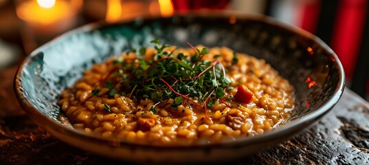 Glimpses of Gastronomy: Delightful Saffron-Infused Risotto Served in a Bowl, Radiating Creamy Goodness, Culinary Mastery on Display, Tempting the Palate with Richness and Elegance