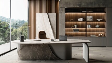 Spacious Modern Office with Large Windows and Marble Desk