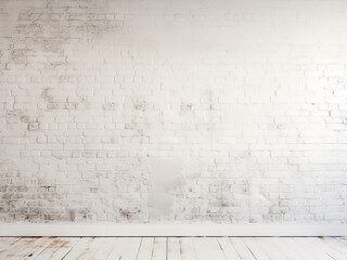 Background showcases white exposed brick and stucco wall
