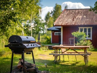 Naklejka premium Photograph of grill in the backyard of typical finnish house, nice summer day atmosphere