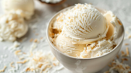 Vanilla ice cream scoops in white bowl with coconut flakes on grey background. Close-up with place for text. Tropical dessert concept for design and print
