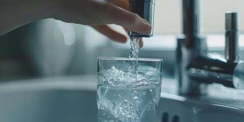 Essence of Purity: Crystal Clear Water Flowing from a Faucet into a Glass, Symbolizing Hydration and Clean Drinking Resources, Generative AI - obrazy, fototapety, plakaty