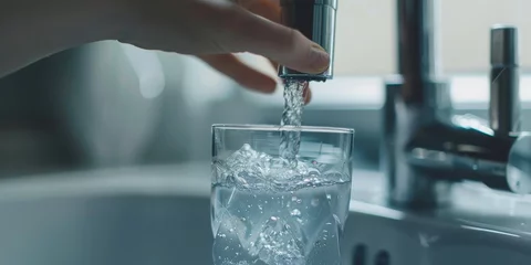 Foto op Plexiglas Essence of Purity: Crystal Clear Water Flowing from a Faucet into a Glass, Symbolizing Hydration and Clean Drinking Resources, Generative AI © Ben