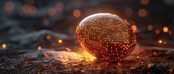 A digitally rendered egg with glowing circuits lying on a dark background