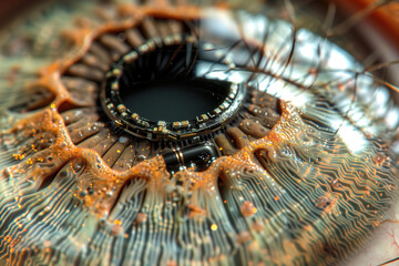 closeup of robotic eye with circuitry