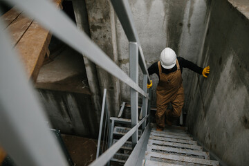 A construction engineer climbs a metal ladder at the construction site of a grain silo. © dsheremeta