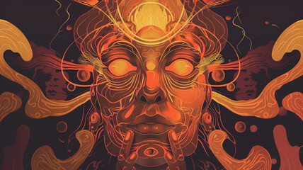 An otherworldly deity graphical vector face with multiple eyes and an aura of cosmic power, transcending mortal understanding. - Powered by Adobe