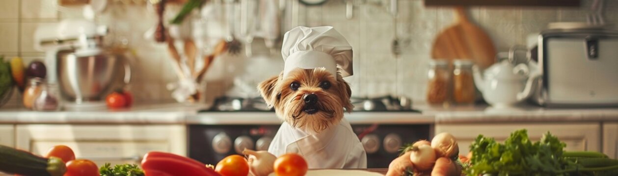 A humorous image of a small dog dressed as a chef in a home kitchen