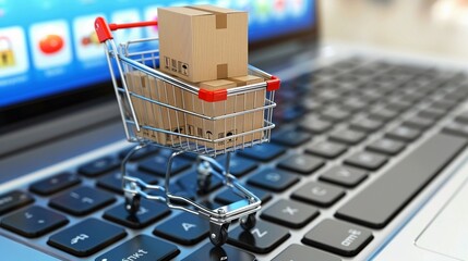 A small shopping cart with cardboard boxes perched on a laptop keyboard