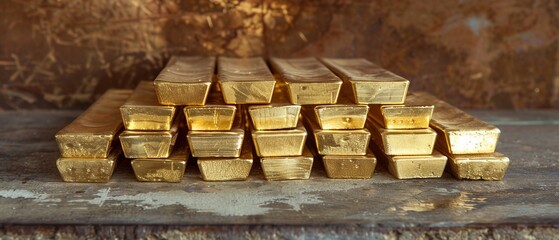 A substantial stack of gold ingots offering a display of wealth and financial stability.