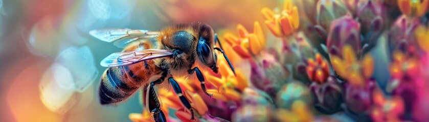 Close-up of a honeybee delicately pollinating a vibrant flower.