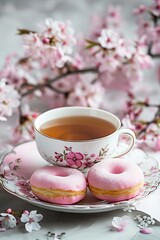 Cozy afternoon tea setting with a cup of tea and pink frosted donuts