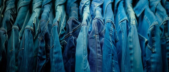 Different styles and shades of blue jeans are lined up on display in a fashion retail environment.