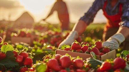 Harvest workers gathering fresh ripe strawberries into cardboard boxes during golden hour. - obrazy, fototapety, plakaty
