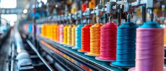 Textile production line with a vibrant array of colorful thread spools in an industrial setting.