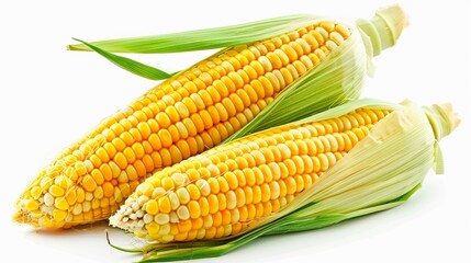 Two fresh yellow corn cobs with husk leaves isolated on a white background.