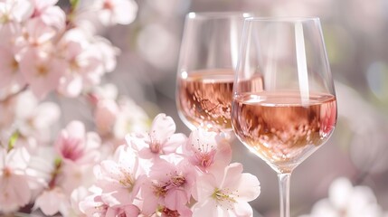 Two glasses of rose wine set on a table with the soft blush of cherry blossoms in the background. - obrazy, fototapety, plakaty