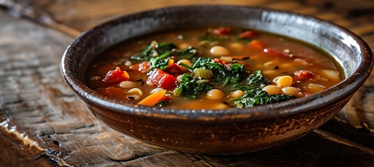 A Wholesome Serving of Hearty Minestrone Soup, Overflowing with Flavorful Ingredients, Ready to Comfort and Nourish on Chilly Evenings, Capturing the Essence of Home-Cooked Goodness