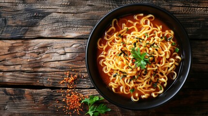 Bowl of spaghetti with sauce and parsley