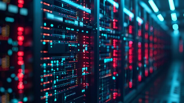 Rows of dedicated servers mining Bitcoin in a high-tech cryptocurrency farm.
