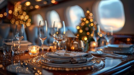 Fototapeta na wymiar Table Set for a Meal in an Airplane