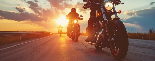Front view of the motociclist ride in the sunset. Rider on the road. - obrazy, fototapety, plakaty
