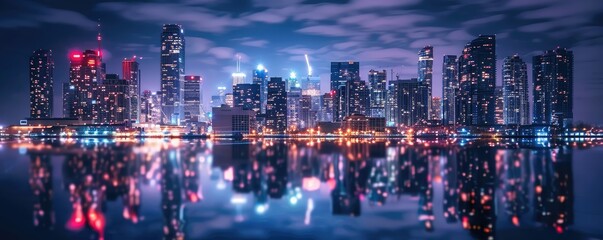 A night view od the cityscape many build with reflection in water. - obrazy, fototapety, plakaty