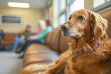 Waiting room in a veterinary clinic filled with pets and their owners.