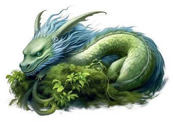 A green dragon is laying on a bed of green plants. The dragon has a menacing look on its face and its eyes are glowing