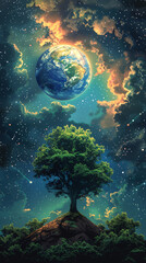 Fototapeta na wymiar Tree growing on a planet against a starry sky, symbolizing ecology and the environment.